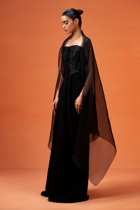 Buy_Taali_Black Silk, Organza, Net Beads Bandeau Neck, Hand Embellished Corset Skirt Set _Online_at_Aza_Fashions