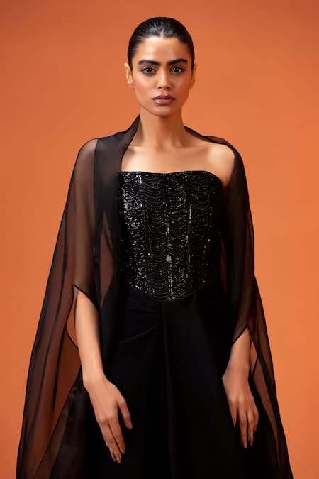 Shop_Taali_Black Silk, Organza, Net Beads Bandeau Neck, Hand Embellished Corset Skirt Set _Online_at_Aza_Fashions