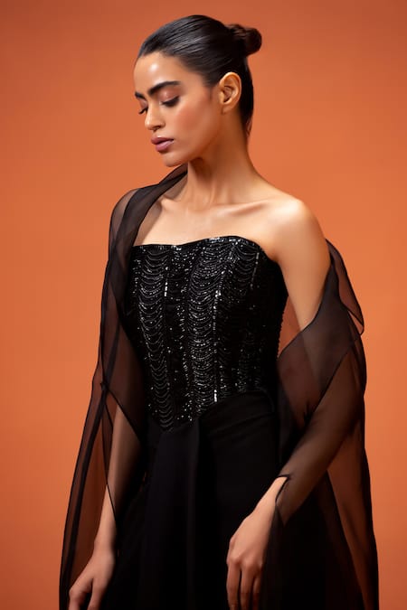 Taali_Black Silk, Organza, Net Beads Bandeau Neck, Hand Embellished Corset Skirt Set _at_Aza_Fashions