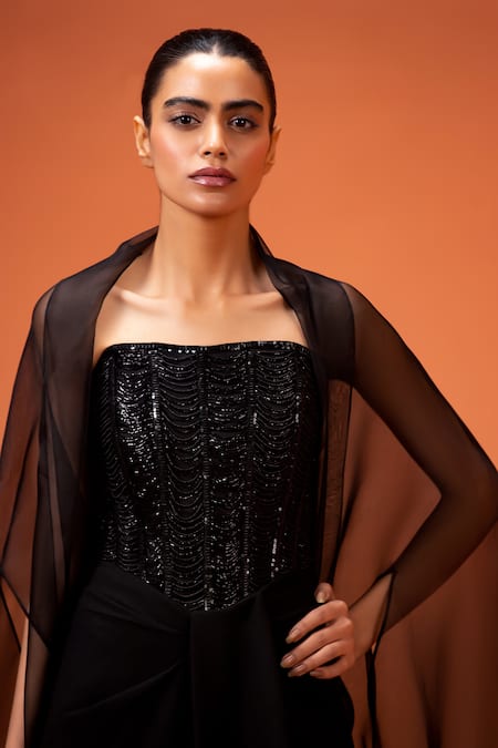 Buy_Taali_Black Silk, Organza, Net Beads Bandeau Neck, Hand Embellished Corset Skirt Set 