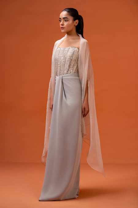 Taali_Silver Silk, Organza, Net Beads, Embroidery Hand Embellished Corset And Skirt Set _Online_at_Aza_Fashions