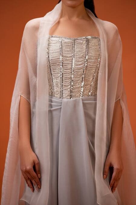 Shop_Taali_Silver Silk, Organza, Net Beads, Embroidery Hand Embellished Corset And Skirt Set _Online_at_Aza_Fashions