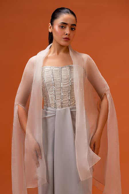 Taali_Silver Silk, Organza, Net Beads, Embroidery Hand Embellished Corset And Skirt Set _at_Aza_Fashions