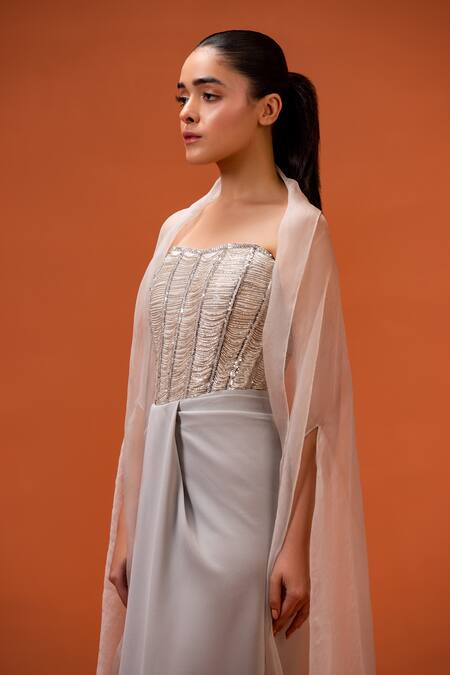 Buy_Taali_Silver Silk, Organza, Net Beads, Embroidery Hand Embellished Corset And Skirt Set 