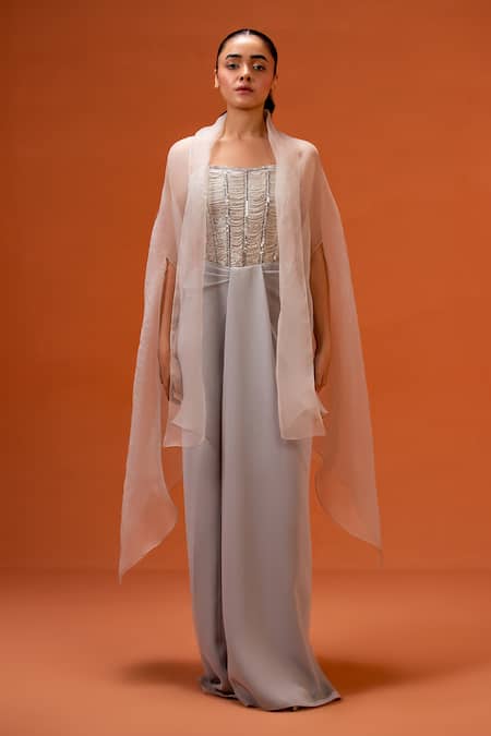 Taali Silver Silk, Organza, Net Beads, Embroidery Hand Embellished Corset And Skirt Set 