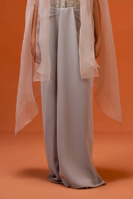 Shop_Taali_Silver Silk, Organza, Net Beads, Embroidery Hand Embellished Corset And Skirt Set 