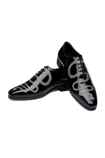 Shutiq Black Embroidery Designer Patent Leather Shoes
