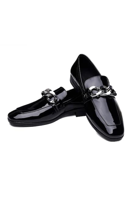 Shutiq Black Designer Patent Leather Shoes With Chain