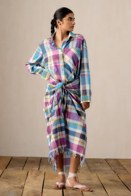 Ituvana_Multi Color Cotton Collared Vani Madras Check Sarong Dress _Online_at_Aza_Fashions