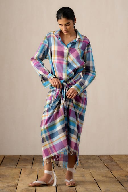 Buy_Ituvana_Multi Color Cotton Collared Vani Madras Check Sarong Dress _Online_at_Aza_Fashions