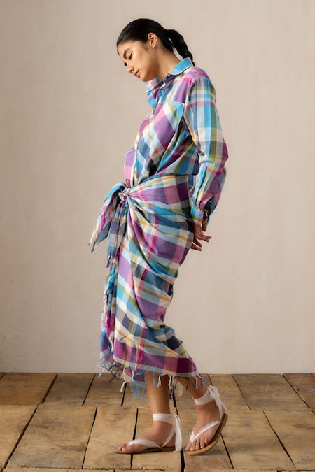 Shop_Ituvana_Multi Color Cotton Collared Vani Madras Check Sarong Dress _Online_at_Aza_Fashions