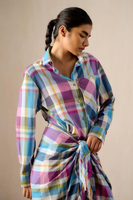 Ituvana_Multi Color Cotton Collared Vani Madras Check Sarong Dress _at_Aza_Fashions