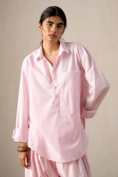 Ituvana_Pink Cotton, Poplin Collared Kurta And Salwar Set _Online_at_Aza_Fashions