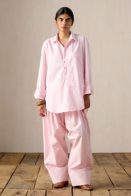 Ituvana Pink Cotton, Poplin Collared Kurta And Salwar Set 