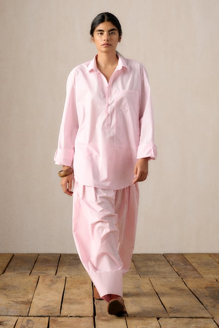 Ituvana_Pink Cotton, Poplin Collared Kurta And Salwar Set _at_Aza_Fashions
