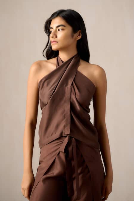 Ituvana_Brown Silk Halter Neck Tie-up Pant Set _Online_at_Aza_Fashions