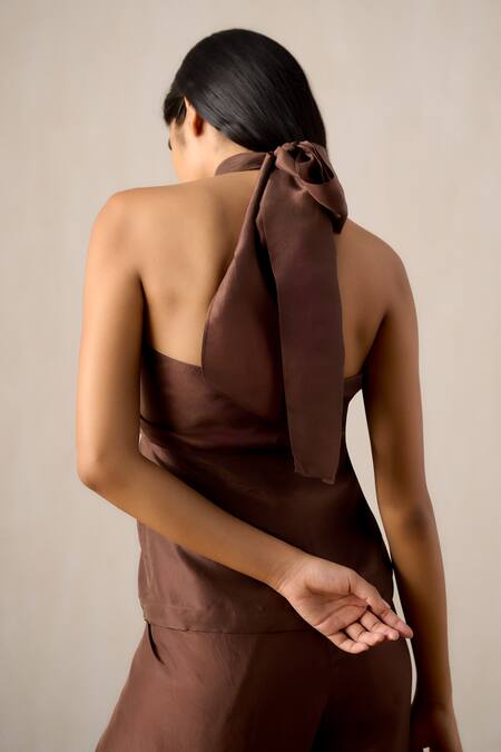 Buy_Ituvana_Brown Silk Halter Neck Tie-up Pant Set _Online_at_Aza_Fashions