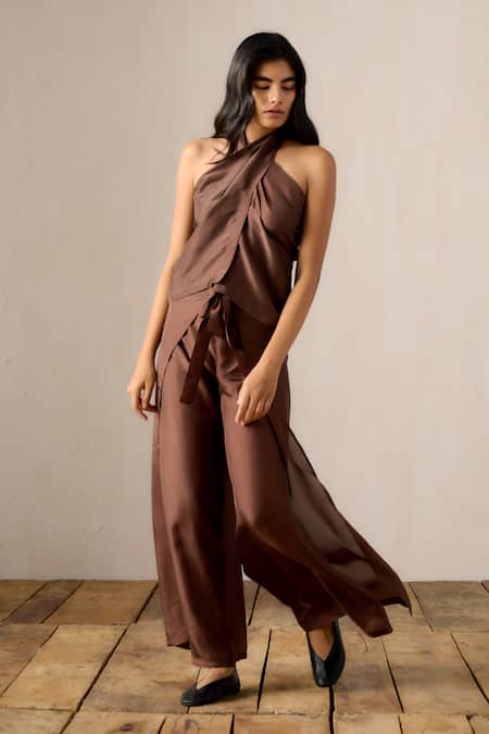 Ituvana Brown Silk Tie-Up Pant Set 