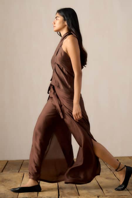 Shop_Ituvana_Brown Silk Halter Neck Tie-up Pant Set _Online_at_Aza_Fashions