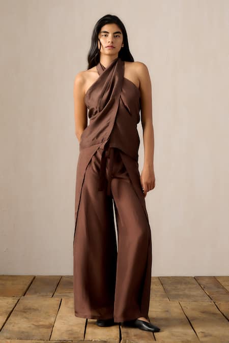 Ituvana_Brown Silk Halter Neck Tie-up Pant Set _at_Aza_Fashions