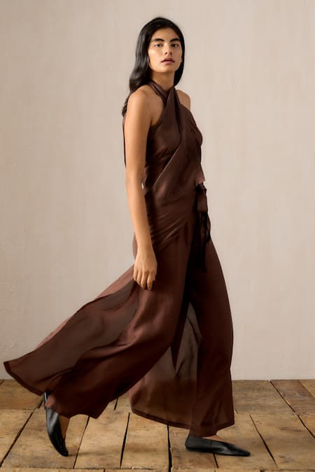 Buy_Ituvana_Brown Silk Halter Neck Tie-up Pant Set 