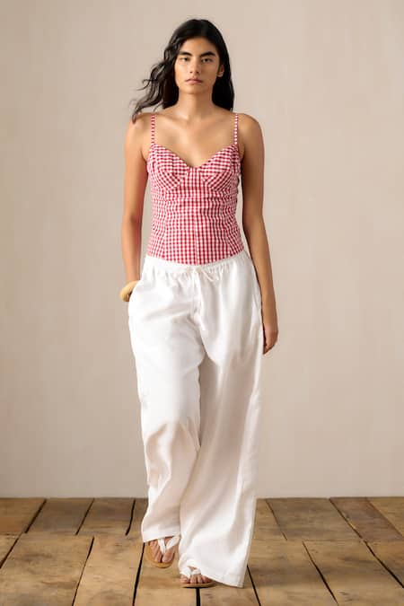 Ituvana Pink Cotton, Linen Sweetheart Neck Madras Check Smocked Corset Pant Set 