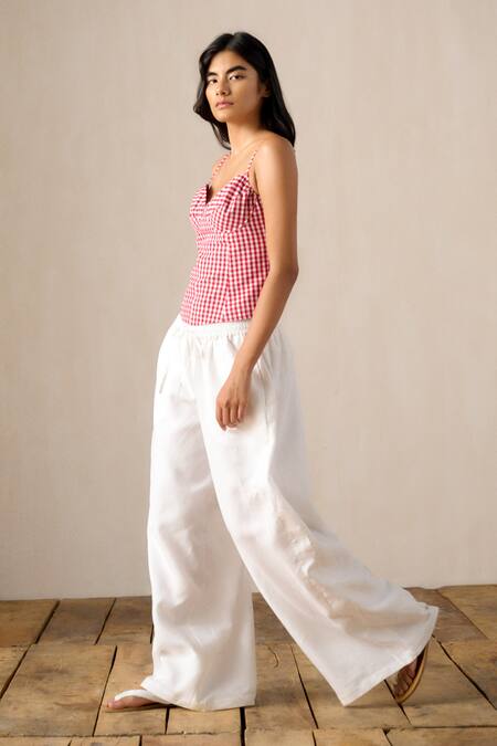 Ituvana_Pink Cotton, Linen Sweetheart Neck Madras Check Smocked Corset Pant Set _Online_at_Aza_Fashions