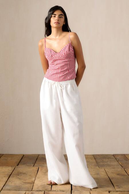Buy_Ituvana_Pink Cotton, Linen Sweetheart Neck Madras Check Smocked Corset Pant Set _Online_at_Aza_Fashions