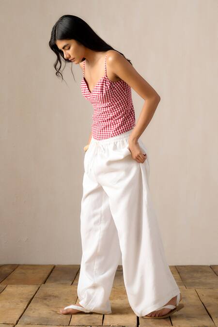 Shop_Ituvana_Pink Cotton, Linen Sweetheart Neck Madras Check Smocked Corset Pant Set _Online_at_Aza_Fashions