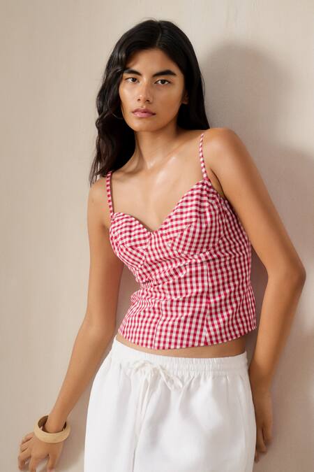 Buy_Ituvana_Pink Cotton, Linen Sweetheart Neck Madras Check Smocked Corset Pant Set 