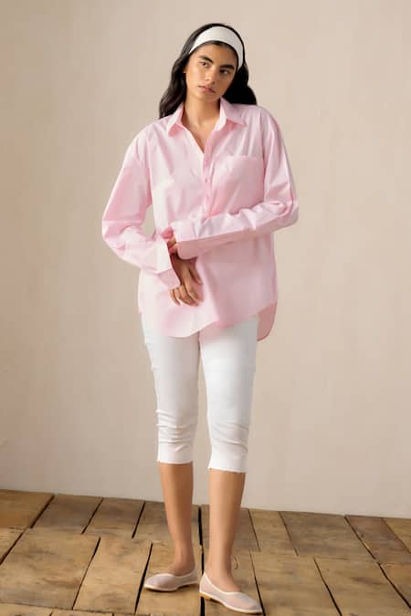 Ituvana Pink Cotton Applique Collared Shirt And White Capri Pant Set 