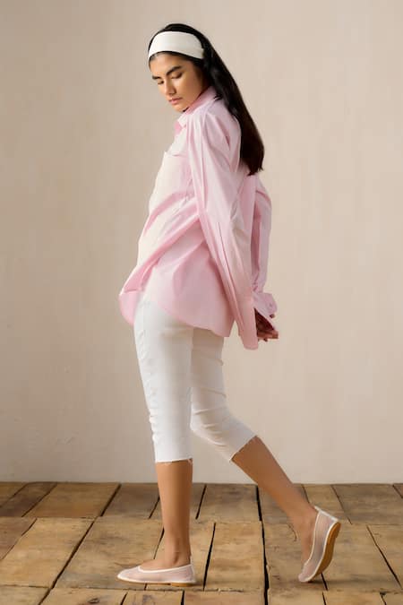 Ituvana Pink Collared Shirt & White Capri Pant Set 