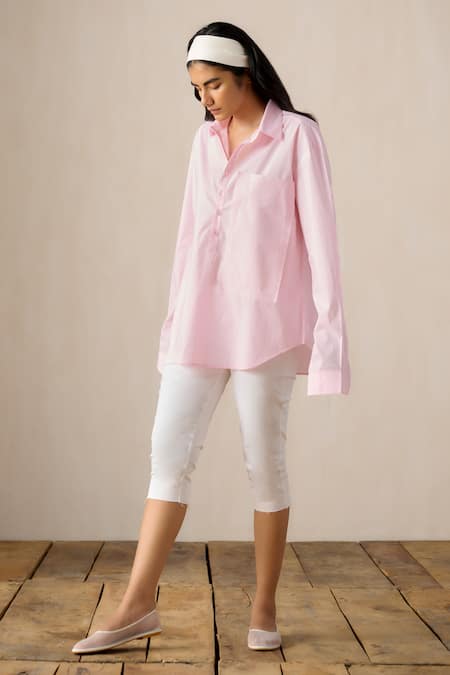 Buy_Ituvana_Pink Cotton Applique Collared Shirt And White Capri Pant Set 