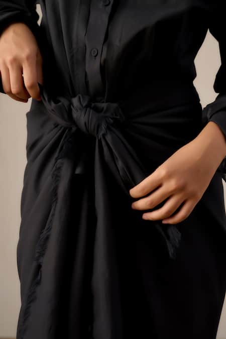 Ituvana_Black Cotton Applique Round Neck Sarong-style Shirt Dress _Online_at_Aza_Fashions