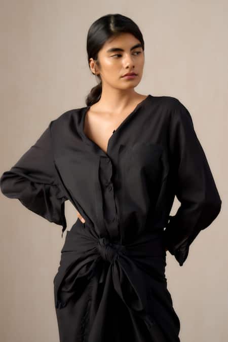 Shop_Ituvana_Black Cotton Applique Round Neck Sarong-style Shirt Dress _Online_at_Aza_Fashions