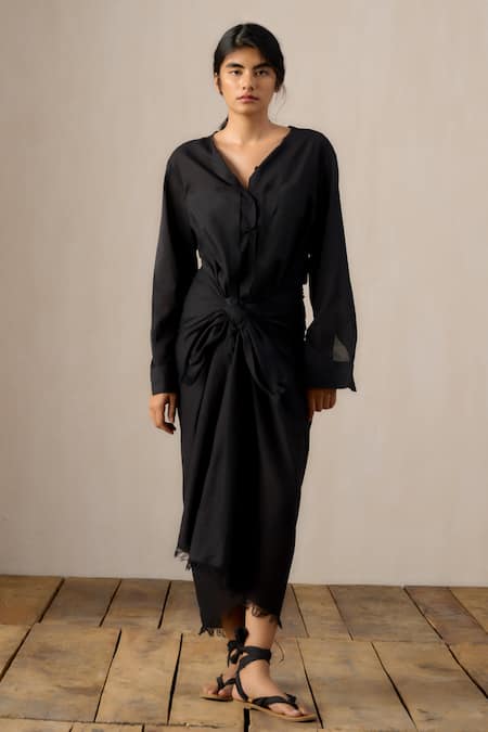 Ituvana_Black Cotton Applique Round Neck Sarong-style Shirt Dress _at_Aza_Fashions