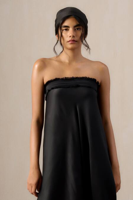 Buy Ituvana Black Silk Satin Fringe Bandeau Neck Tie Up Dress Online at Aza Fashions Buy_Ituvana_Black Silk Satin Fringe Bandeau Neck Tie Up Dress _Online_at_Aza_Fashions