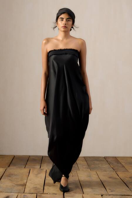 Ituvana Black Silk Satin Fringe Bandeau Neck Tie Up Dress at Aza Fashions Ituvana_Black Silk Satin Fringe Bandeau Neck Tie Up Dress _at_Aza_Fashions