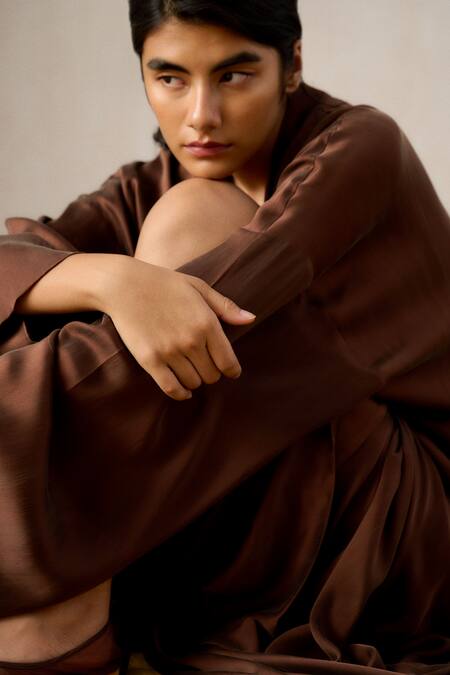 Ituvana_Brown Silk Satin Long Robe Dress _Online_at_Aza_Fashions