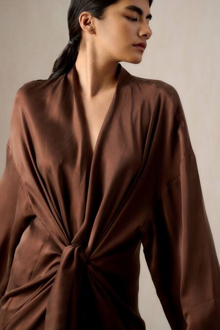 Shop_Ituvana_Brown Silk Satin Long Robe Dress _Online_at_Aza_Fashions