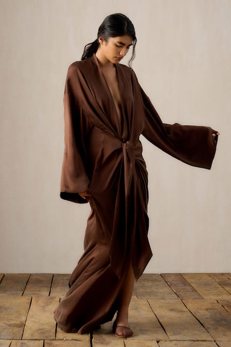 Ituvana Brown Silk Satin Long Robe Dress 