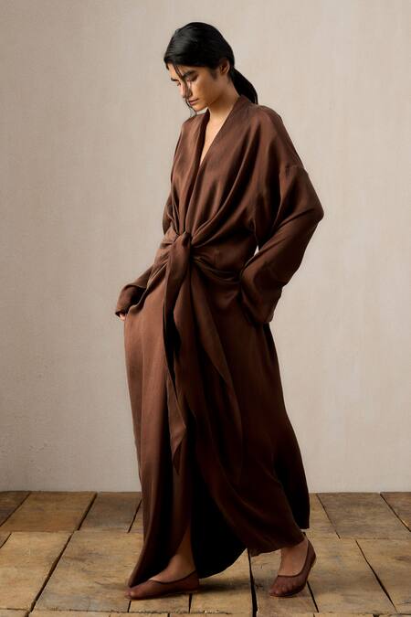 Ituvana_Brown Silk Satin Long Robe Dress _at_Aza_Fashions