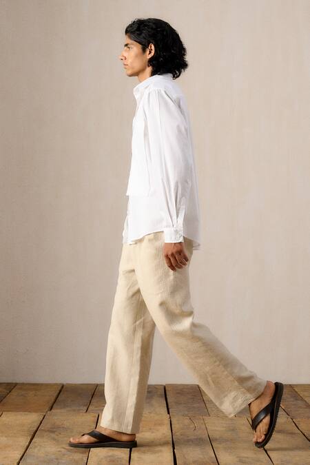 Ituvana_White Cotton, Linen Applique Krysh Pant Set _at_Aza_Fashions