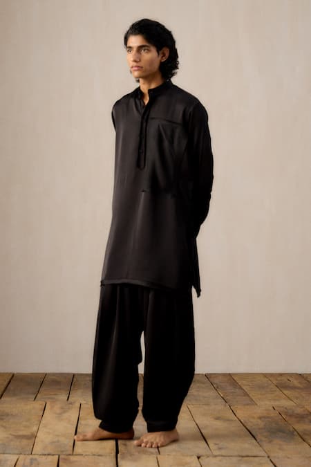Ituvana_Black Silk, Linen Applique Pathani Set _Online_at_Aza_Fashions