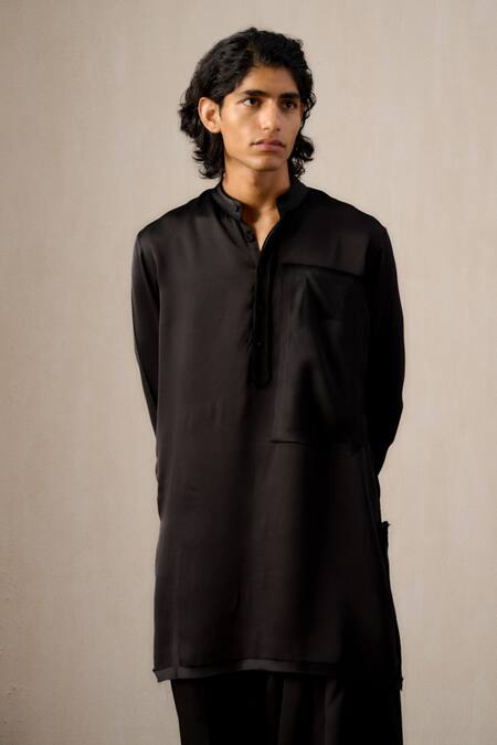 Shop_Ituvana_Black Silk, Linen Applique Pathani Set _Online_at_Aza_Fashions