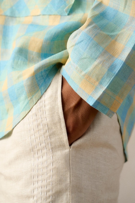 Ituvana Blue Linen Applique Check Shirt Online at Aza Fashions Ituvana_Blue Linen Applique Check Shirt _Online_at_Aza_Fashions