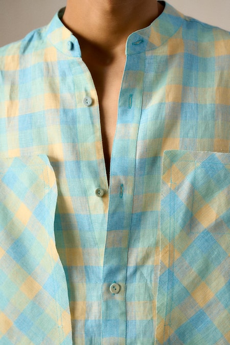 Buy Ituvana Blue Linen Applique Check Shirt Online at Aza Fashions Buy_Ituvana_Blue Linen Applique Check Shirt _Online_at_Aza_Fashions