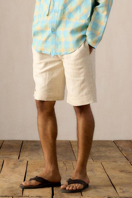 Ituvana_Beige Linen Tailored Drawstring Shorts _Online_at_Aza_Fashions