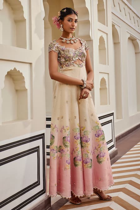 Nea By Nikita Tiwari Blush Tissue Embroidery Round Neck Metallic Pink Jumpsuit 