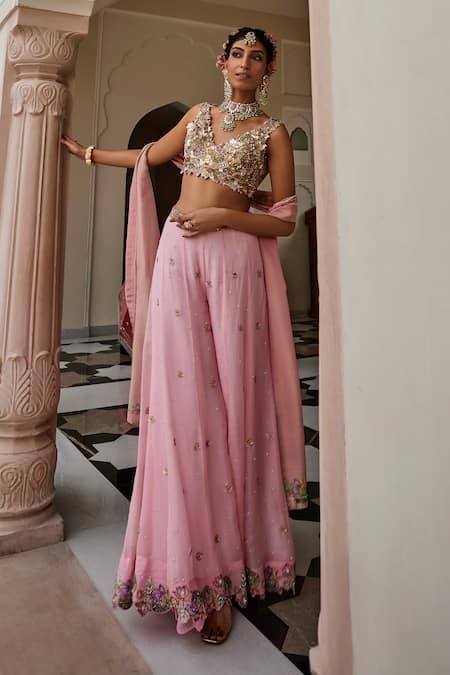 Nea By Nikita Tiwari Pink Tissue, Organza Embroidery, Sequins V-neck Metallic Blush Pants Set Online at Aza Fashions Nea By Nikita Tiwari_Pink Tissue, Organza Embroidery, Sequins V-neck Metallic Blush Pants Set _Online_at_Aza_Fashions